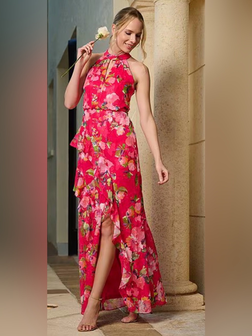 Adrianna Papell Chiffon Halter Floral Maxi Dress in Hot Pink